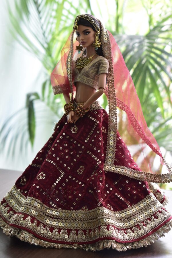 Maroon Indian wedding outfit for doll