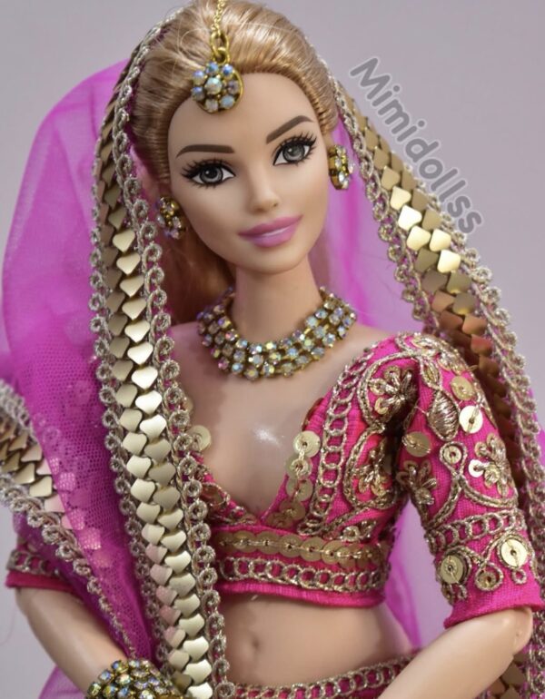 Pink and gold Indian wedding outfit for curvy doll