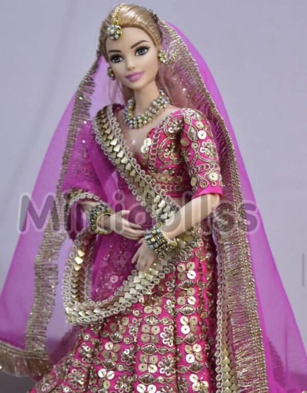 Pink and gold Indian wedding outfit for curvy doll