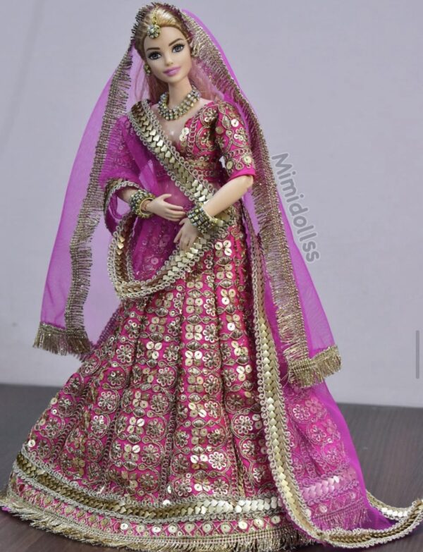 Pink and gold Indian wedding outfit for curvy doll