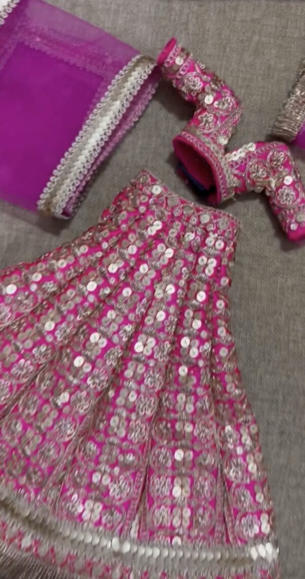 Pink and gold Indian wedding outfit for curvy doll