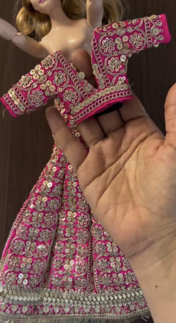 Pink and gold Indian wedding outfit for curvy doll