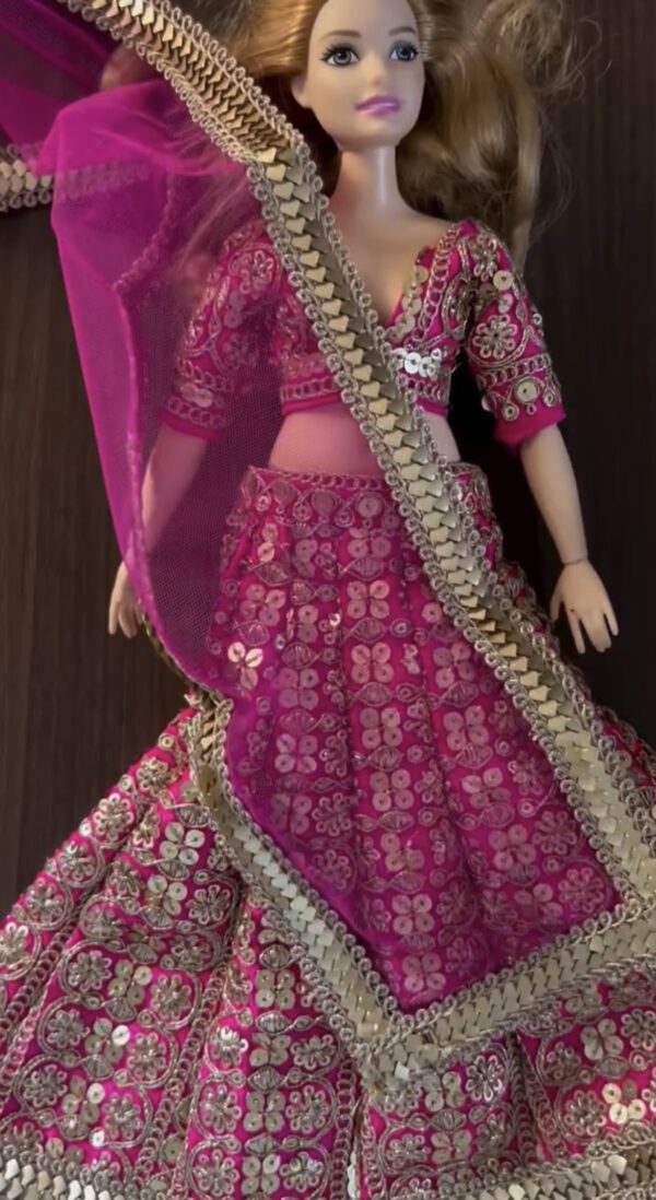 Pink and gold Indian wedding outfit for curvy doll