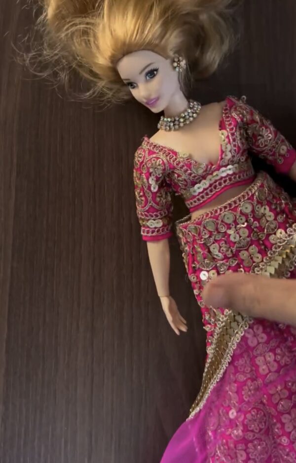 Pink and gold Indian wedding outfit for curvy doll