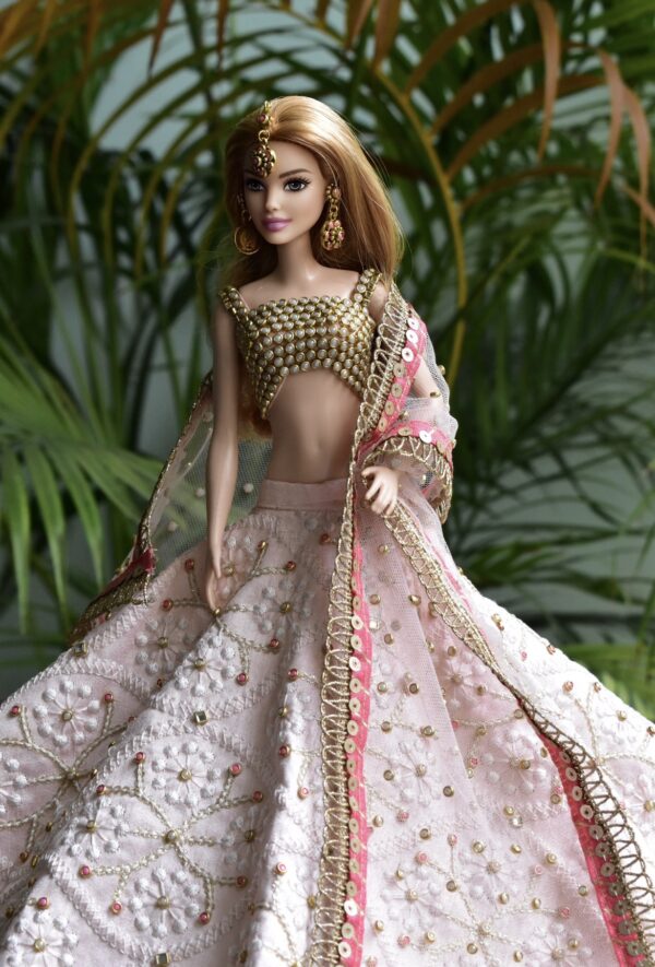 Pink embellished lehenga for doll