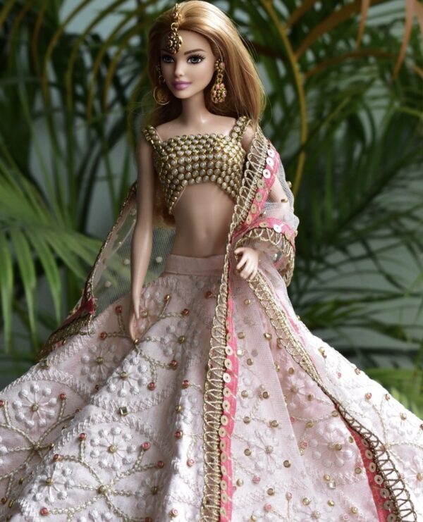 Pink embellished lehenga for doll