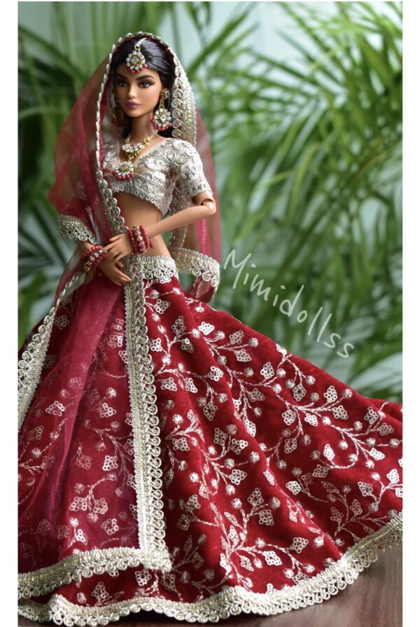 Maroon indian bridal lehenga for doll