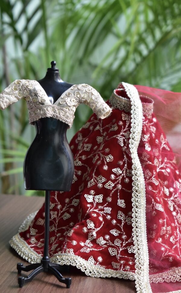 Maroon indian bridal lehenga for doll