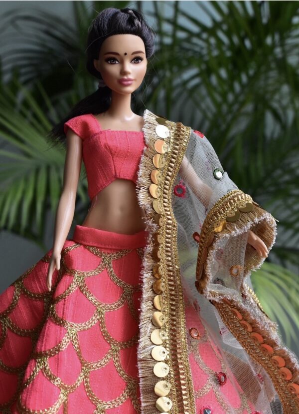 Orange gold lehenga for doll