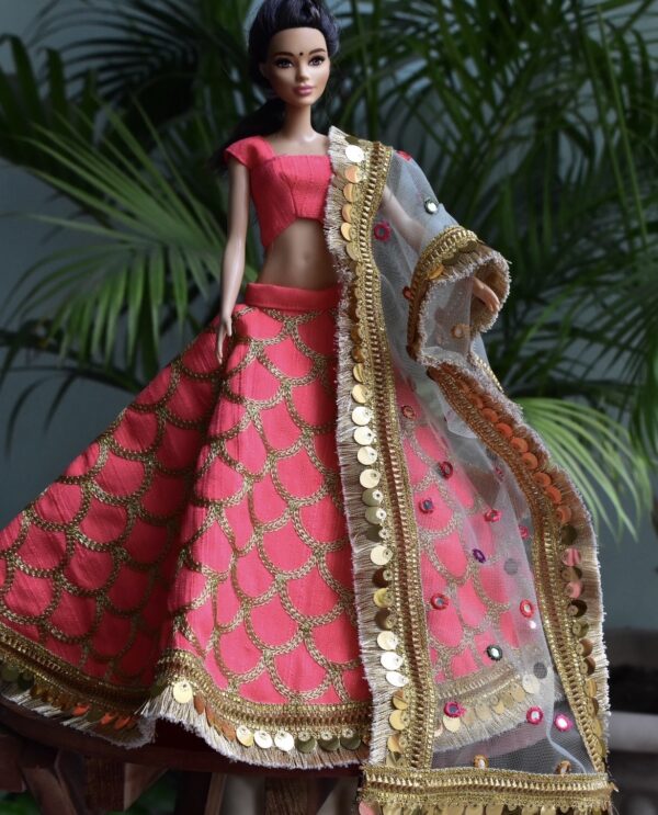 Orange gold lehenga for doll