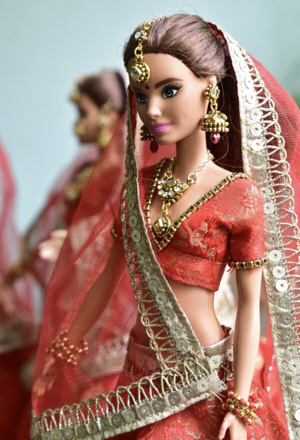 Red gold Indian wedding lehenga for doll