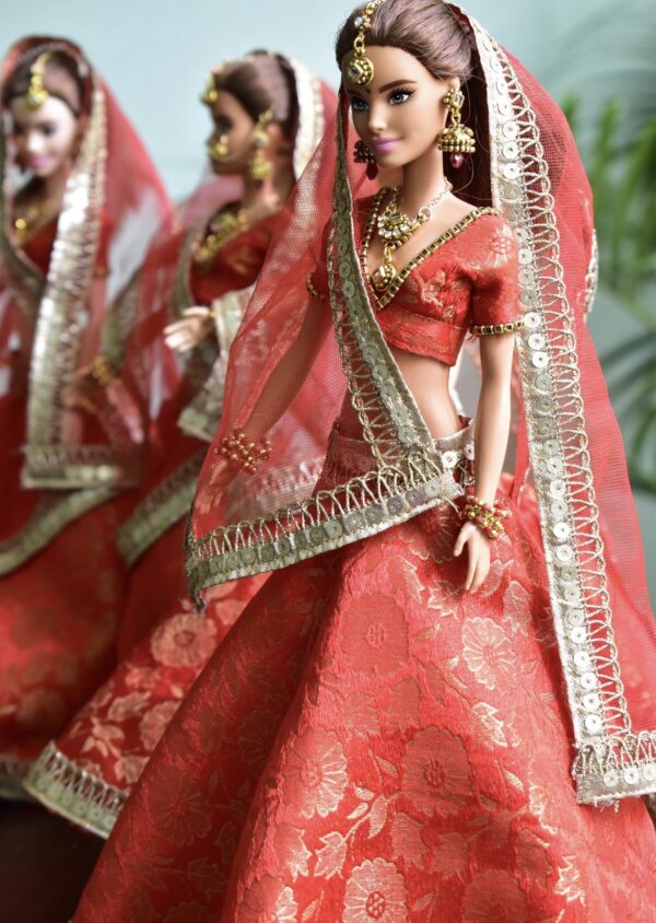 Red gold Indian wedding lehenga for doll