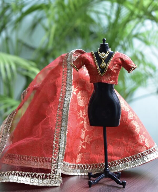 Red gold Indian wedding lehenga for doll