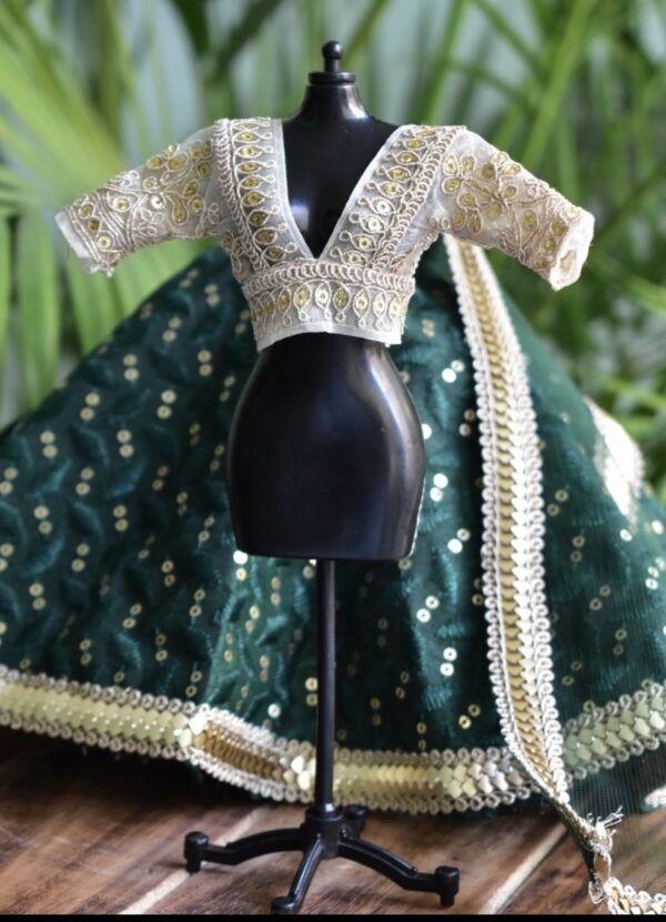 Green gold Indian bridal lehenga for curvy doll