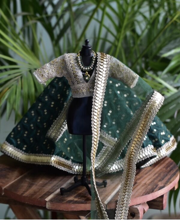 Green gold Indian bridal lehenga for curvy doll