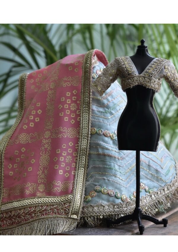 Pastel pink blue wedding lehenga for doll