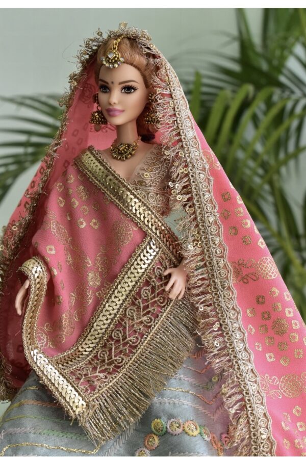 Pastel pink blue wedding lehenga for doll