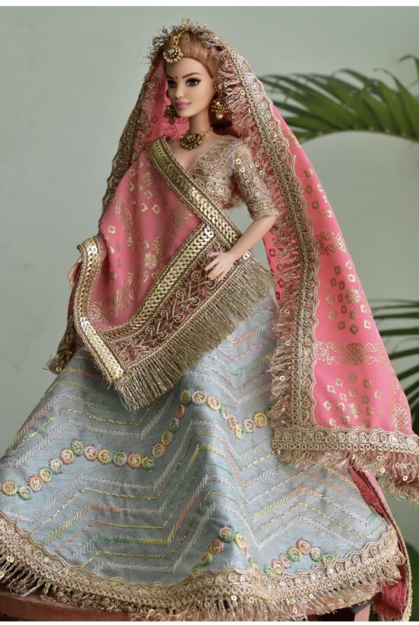 Pastel pink blue wedding lehenga for doll
