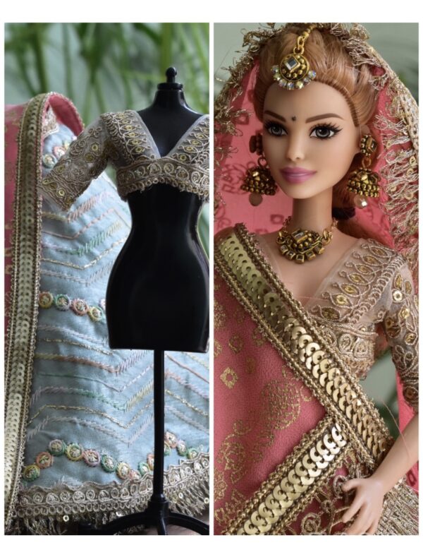Pastel pink blue wedding lehenga for doll