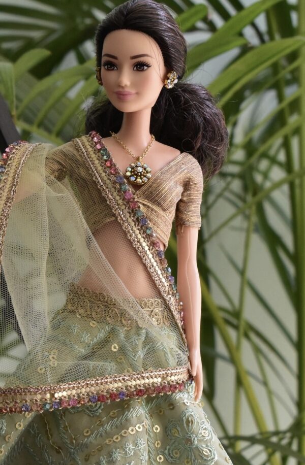 Olive green gold lehenga for doll