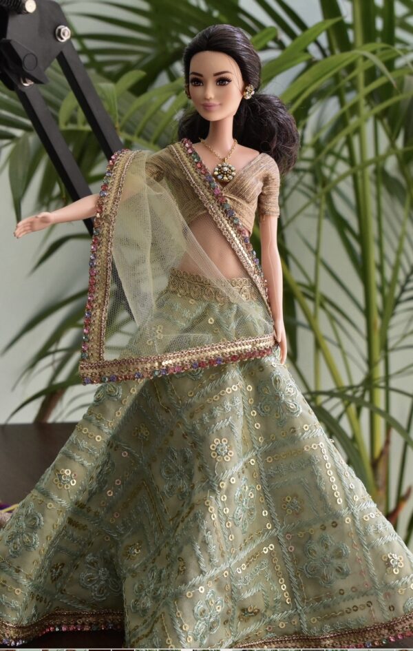 Olive green gold lehenga for doll