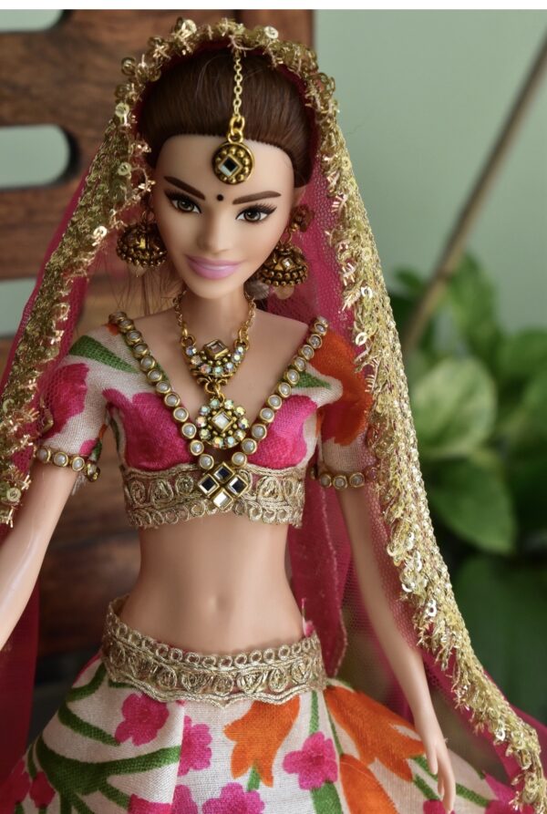 Pink floral festive lehenga for doll