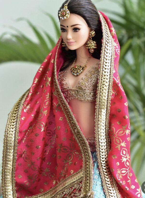 Teal pink bridal lehenga for doll