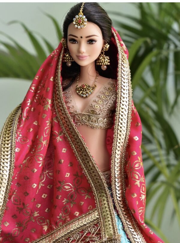 Teal pink bridal lehenga for doll