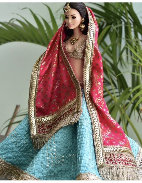 Teal pink bridal lehenga for doll