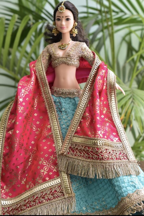 Teal pink bridal lehenga for doll