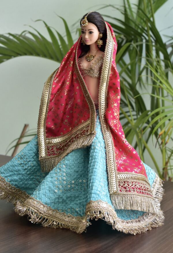 Teal pink bridal lehenga for doll