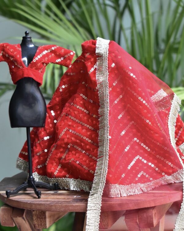 Red festive lehenga for curvy doll