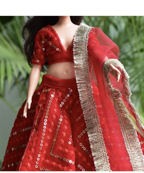 Red festive lehenga for curvy doll