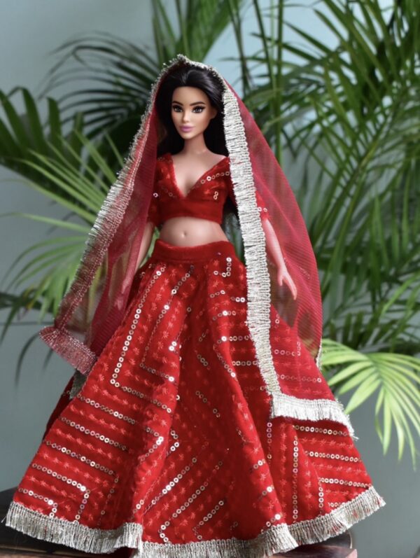Red festive lehenga for curvy doll