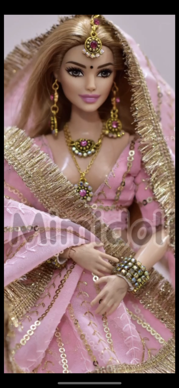 Baby pink sparkly bridal lehenga for curvy doll