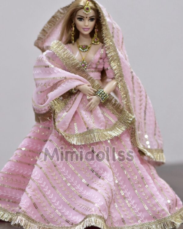 Baby pink sparkly bridal lehenga for curvy doll