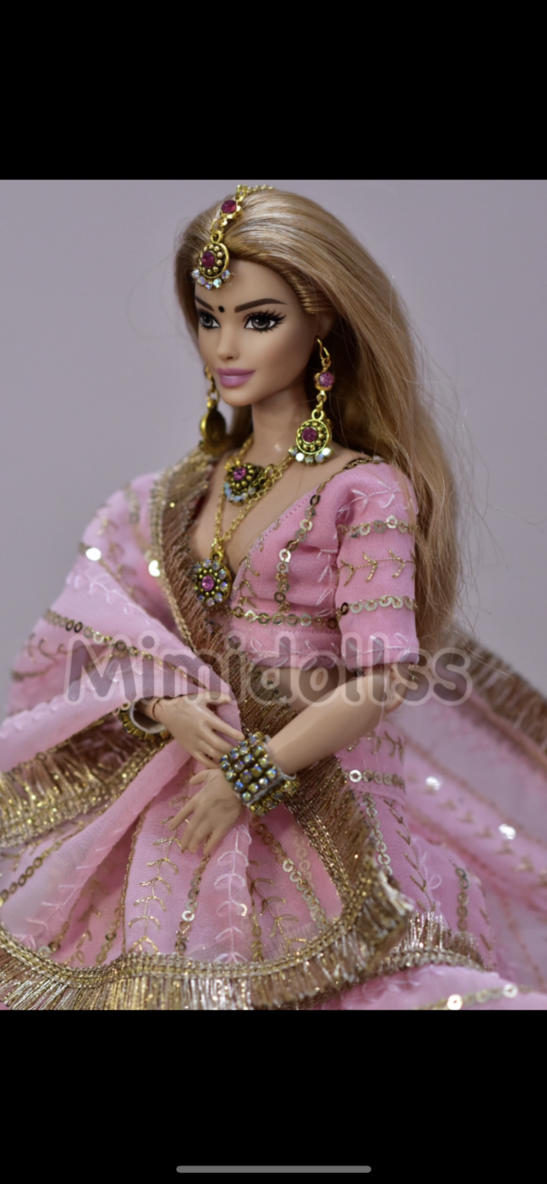 Baby pink sparkly bridal lehenga for curvy doll
