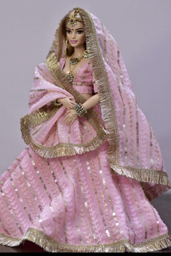 Baby pink sparkly bridal lehenga for curvy doll