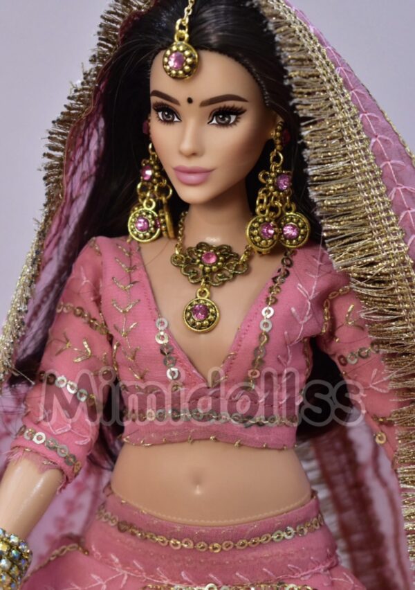 Mauve pink sparkly bridal lehenga for curvy doll