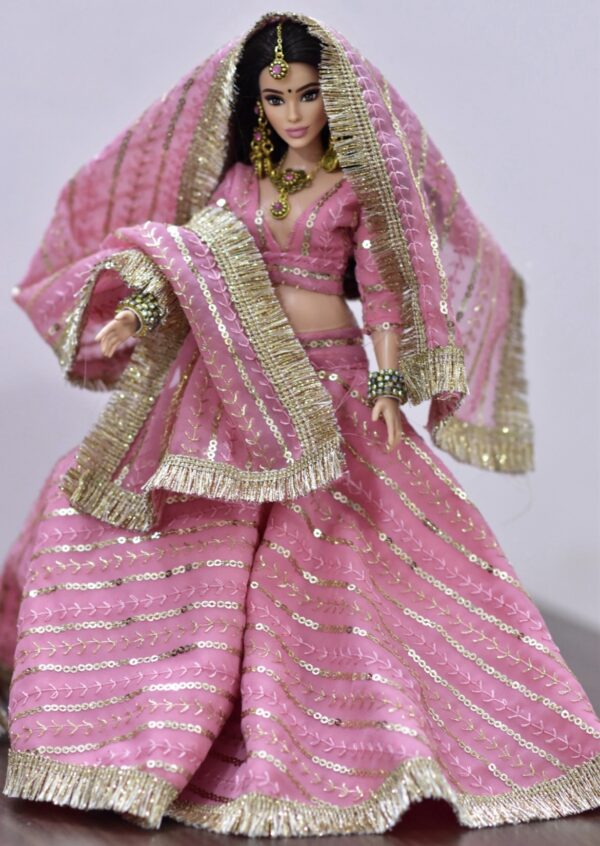 Mauve pink sparkly bridal lehenga for curvy doll