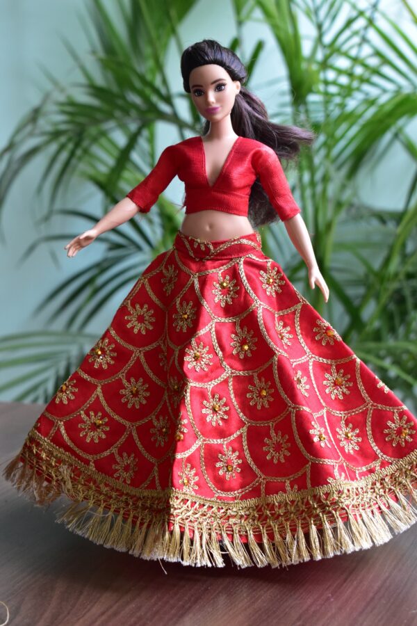 Red and gold Indian lehenga for curvy doll