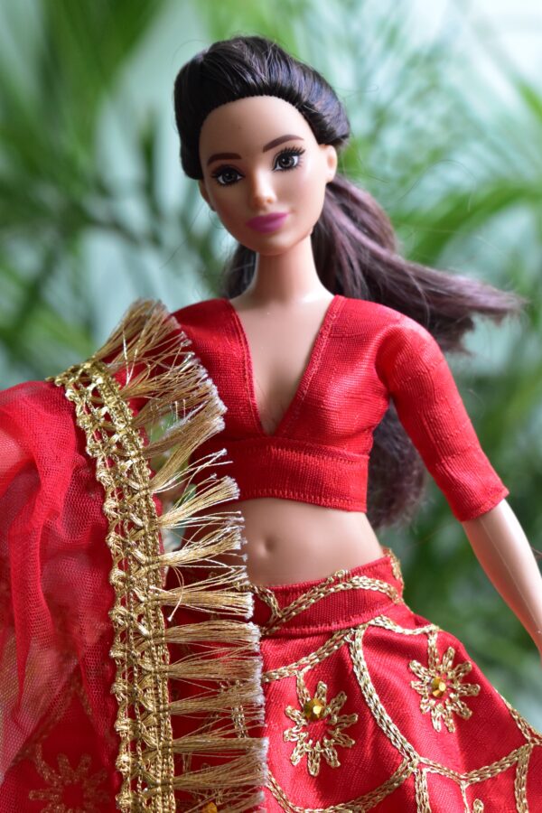 Red and gold Indian lehenga for curvy doll