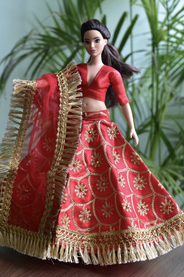 Red and gold Indian lehenga for curvy doll