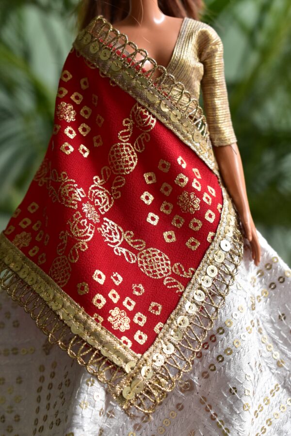 White and red Indian lehenga for doll