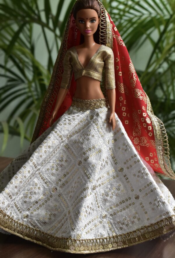 White and red Indian lehenga for doll