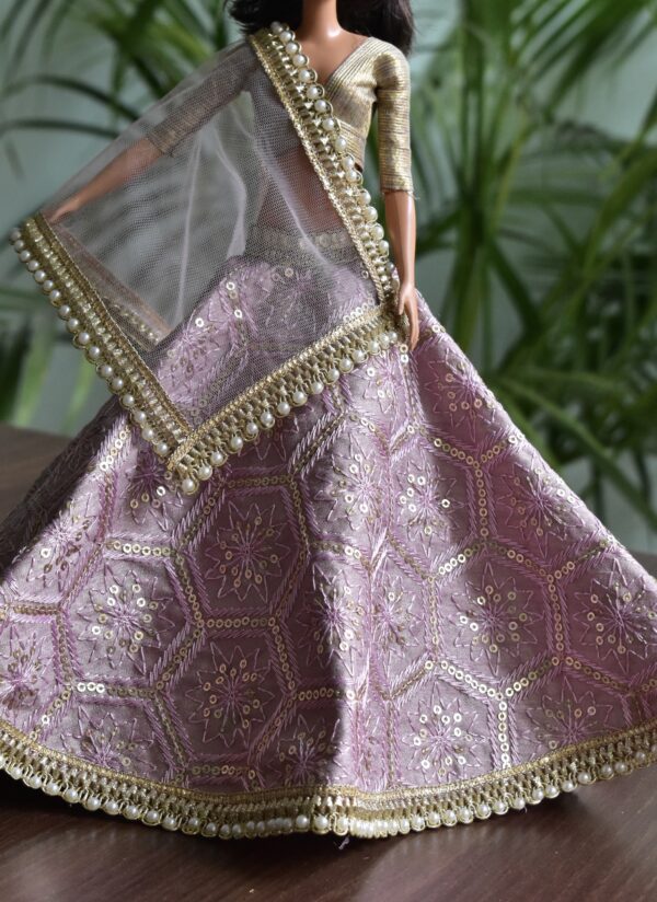 Lilac and gold Indian lehenga for doll with pearl detailing