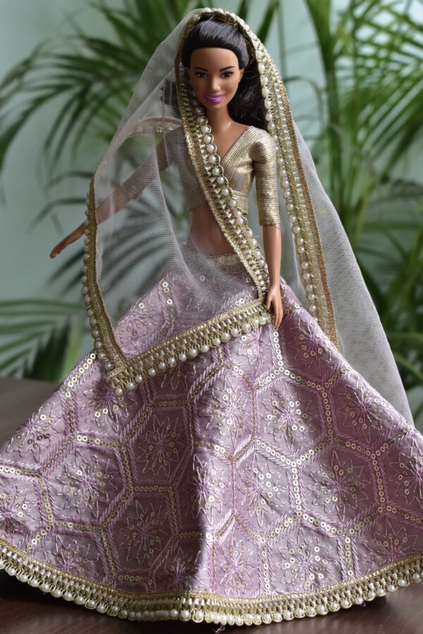 Lilac and gold Indian lehenga for doll with pearl detailing