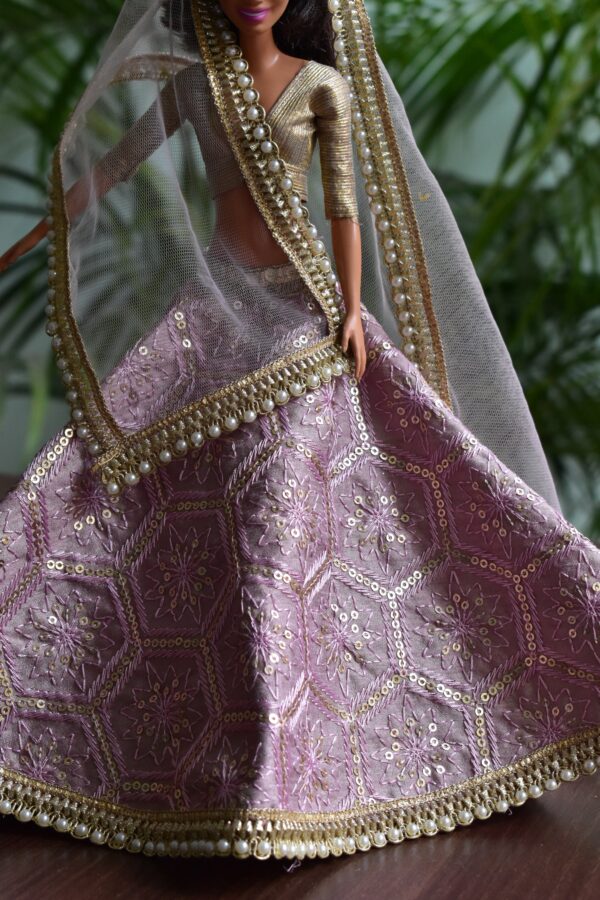Lilac and gold Indian lehenga for doll with pearl detailing