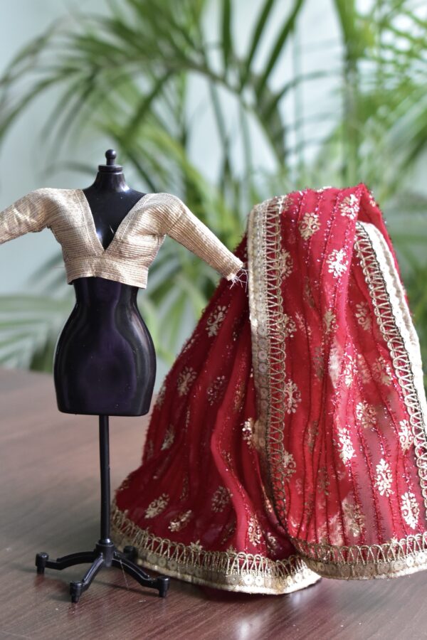 Maroon and gold Indian saree for doll