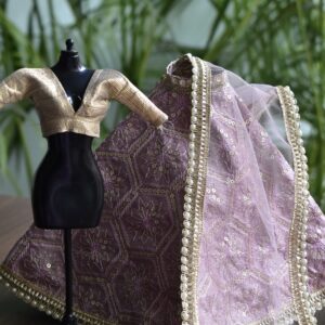 Lilac and gold Indian lehenga for doll with pearl detailing